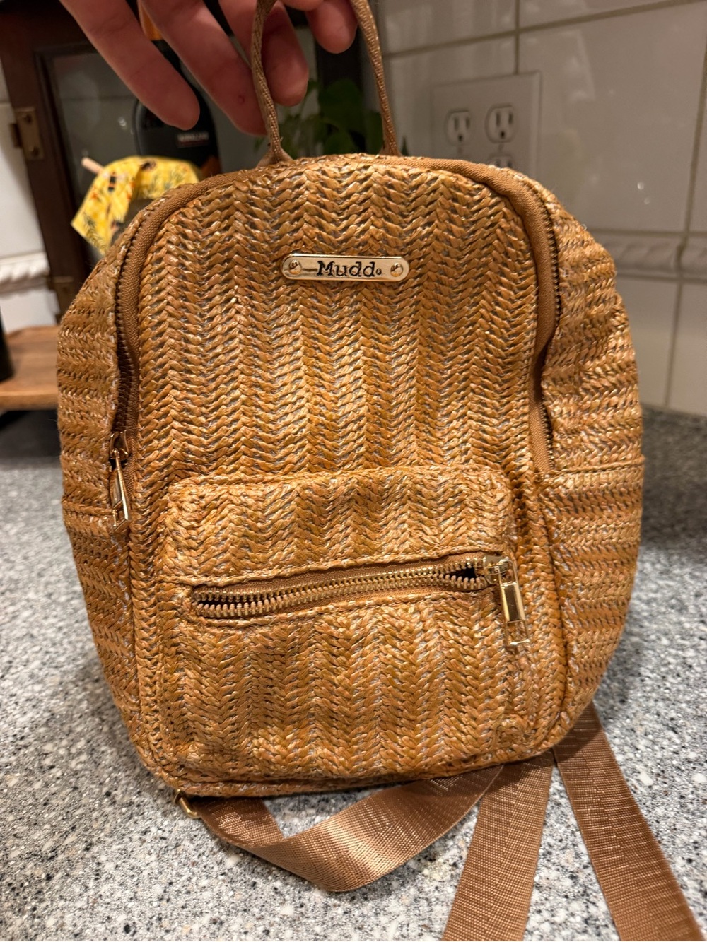 Mudd Woven Tan Mini Backpack with Front Zip Pocket